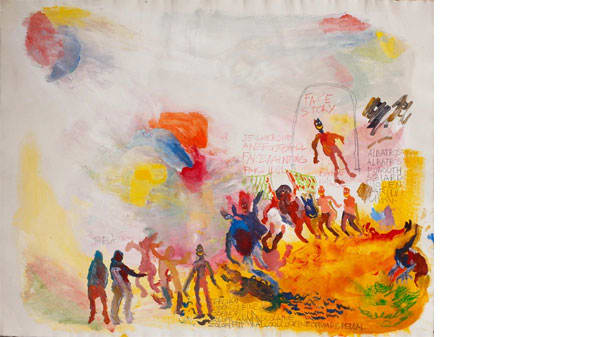 An orange painting with lots of small figures at the bottom and capitalised text