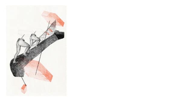 A print of two lower parts of the body walking up and abstract shape