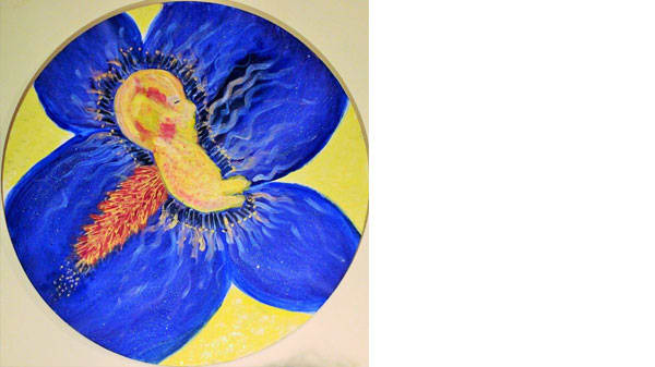 A blue flower with a foetus in the middle