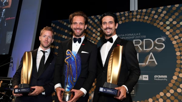 Formula E winners with trophies designed by CSM students