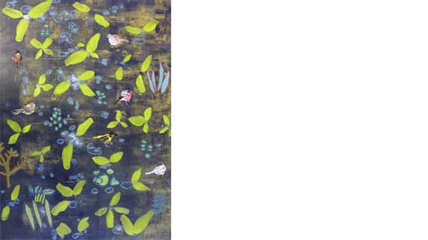 Painted leaves and birds on a blue background