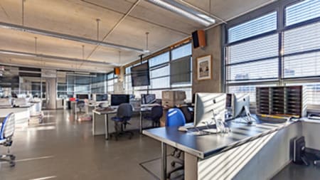 Sun streams into the newsroom, a room filled with desks and workstations.