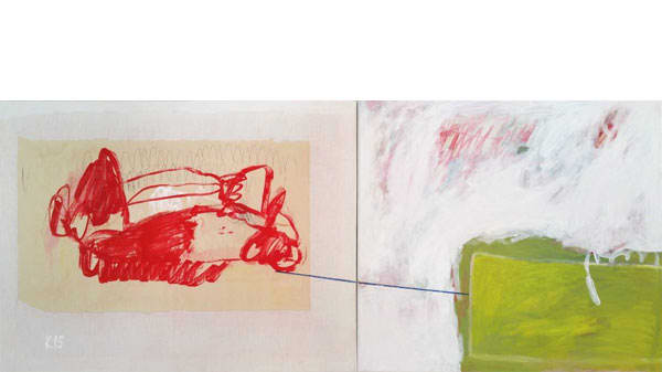 An abstract painting in red white and green