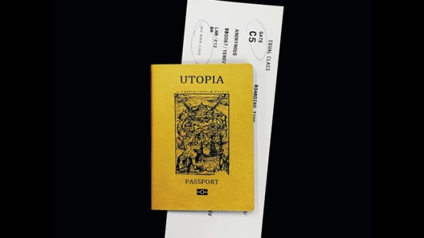 A yellow passport on a black background