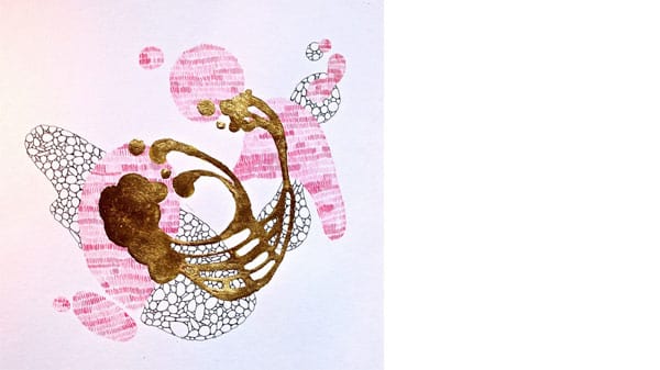 An abstract pink gold and black drawing on white paper