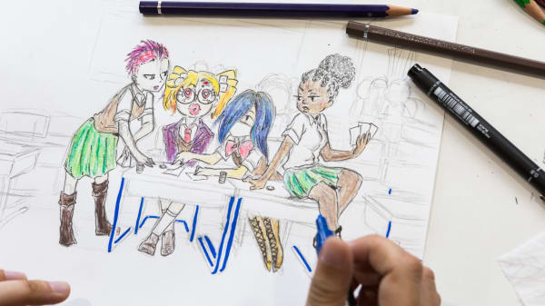 Image of a colourful student illustration, in progress.