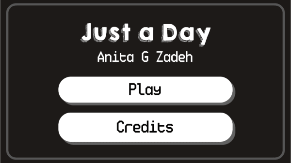 image of game with play and credits button. black background with white buttons.
