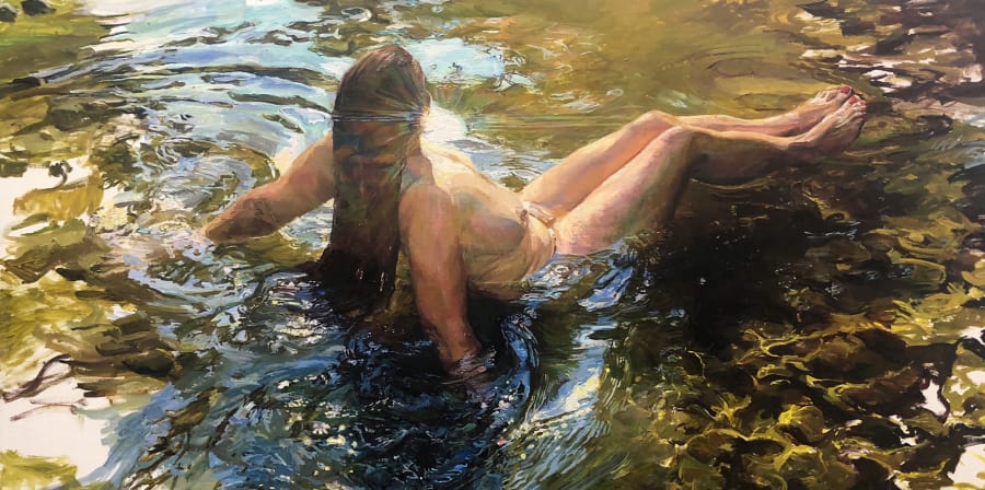 An oil painting of a naked woman sitting in water in the sunshine