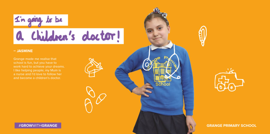 Promotional poster for Grange Primary School showing a child with the text 