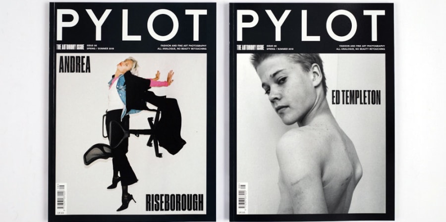 Image depicting two alternative covers of Pylot magazine: on the left, a model kicks a chair over, while on the right, an image of a someone looking over their shoulder is published in greyscale.