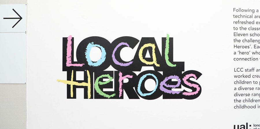 Image depicts a wall exhibit which reads 'Local Heroes' in a large, colourful font.