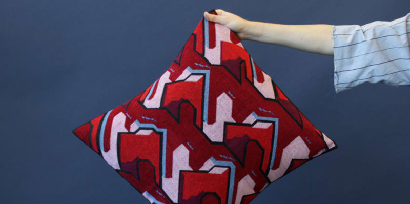 Hand holding a red patterned cushion