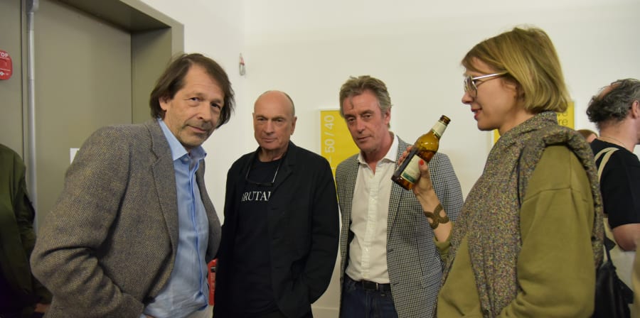 David Crow with Peter Saville at the opening of the Use Hearing Protection exhibition