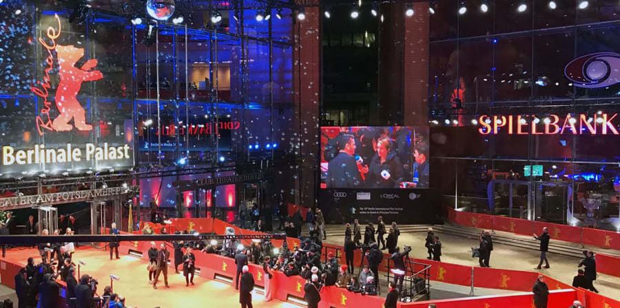 The glittering entrance hall of a red carpet event at the Berlin Film Festival.