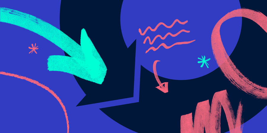 A series of pastel and neon shapes, arrows and squiggles on a purple background
