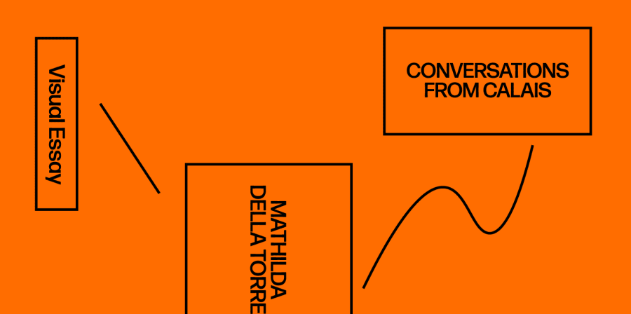 red rectangle with words that say conversation from calais, mathilda del torre, virtual essay