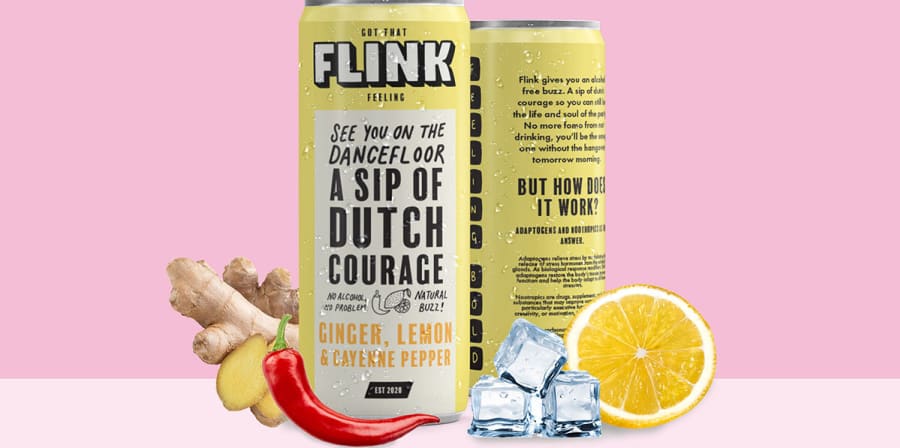 Concept art for Flink Drinks: a yellow drinks can surrounded by a chilli pepper, ice, ginger and a sliced orange.