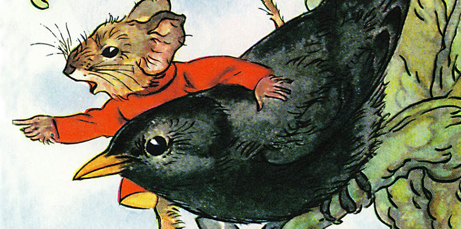 A still from a ladybird book of a mouse and a crow - the mouse is wearing a lovely red jumper