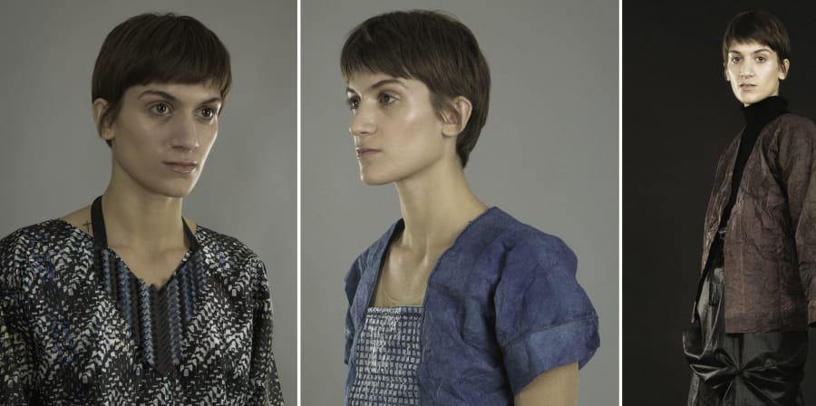 Three images of model wearing various materials