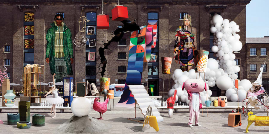 Photo of CSM Granary Building facade with student work collaged onto it