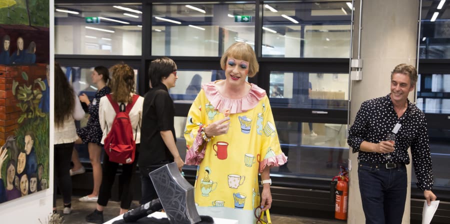 David Crow with UAL Chancellor Grayson Perry at the opening on the Camberwell College of Arts BA Show 2018 | Credit: David Poultney