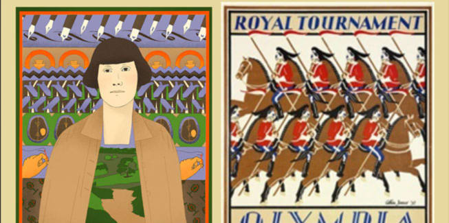 Two illustrations side by side, one of a woman surrounded by illustrations of embroidery and the other shows a group of people wearing traditional clothes, riding horses.