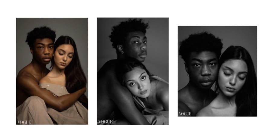 Three photographs of a man and a woman posing in gentle colours, reminiscent of Daphne and Apollo.