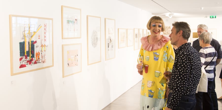 David Crow with UAL Chancellor Grayson Perry at the opening on the Camberwell College of Arts BA Show 2018 | Credit: David Poultney