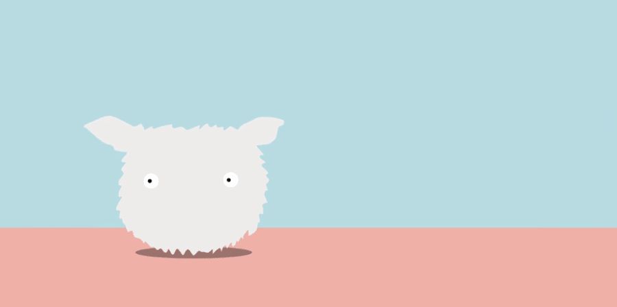 Animation of an 'eco furby': a white furry creature with eyes and animal ears, against a pink and blue background.