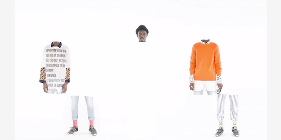 image of white background with man with afro dressed in different clothes cut into sections