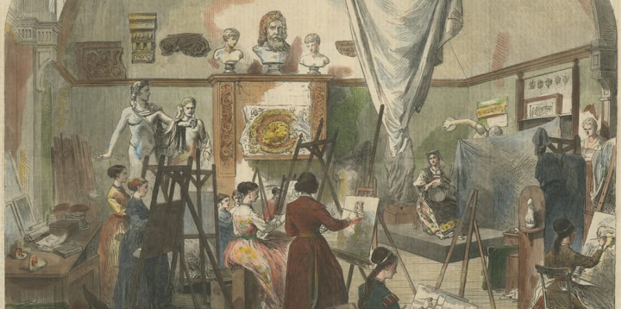 A sketch of people undertaking a drawing class
