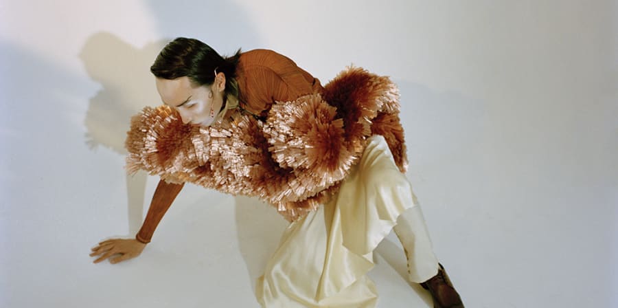 Model wearing work by BA Fashion Media and Styling student