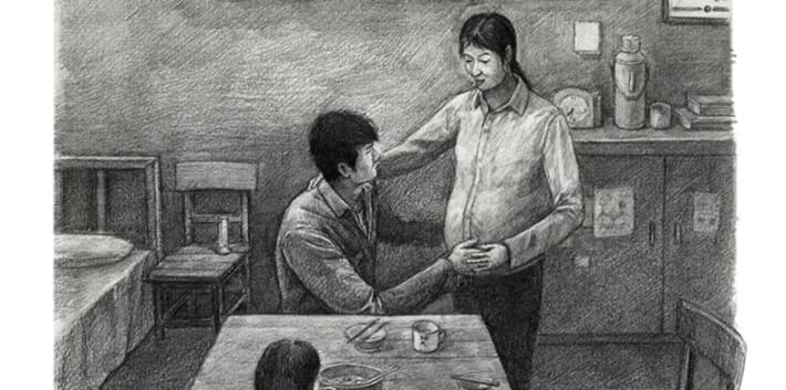 A detailed black and white drawing which shows a family sat around a table eating, a pregnant woman is standing by the table.