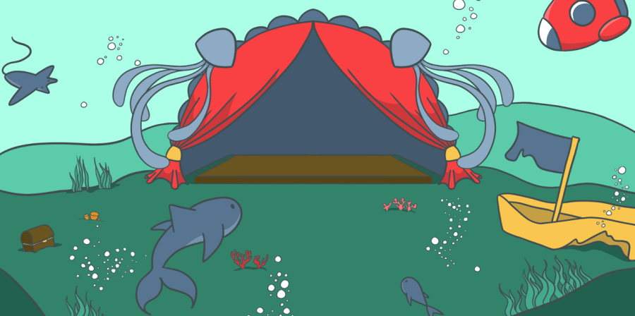 Image of underwater stage with sharks and a submarine.