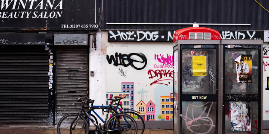 Photo of stabbing location, with a bicycle, graffiti, and phone boxes.