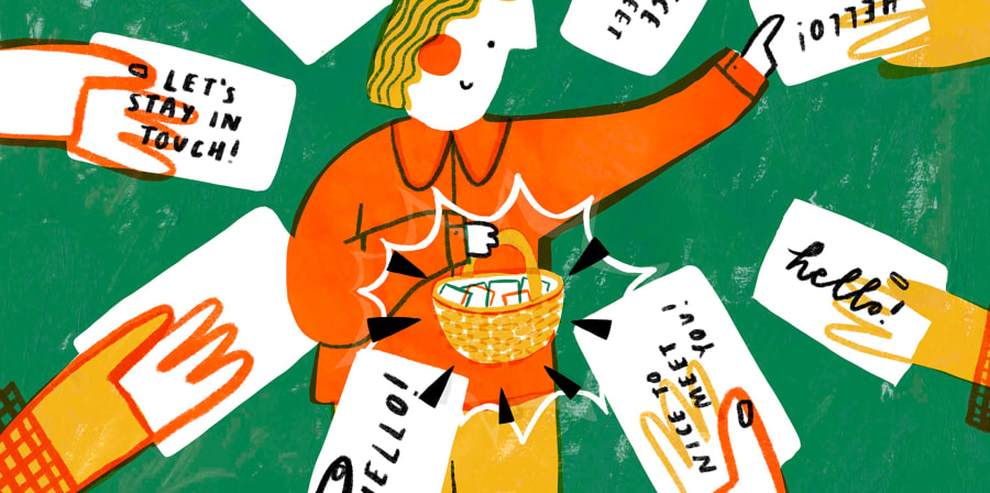 Illustration of a person handing out business cards