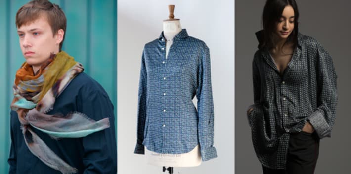 Three way image of man wearing a scarf, a shirt on a mannequin and a woman wearing a shirt