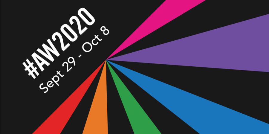 Rainbow-coloured shapes radiate from the hashtag AW2020 written in white on a black background.