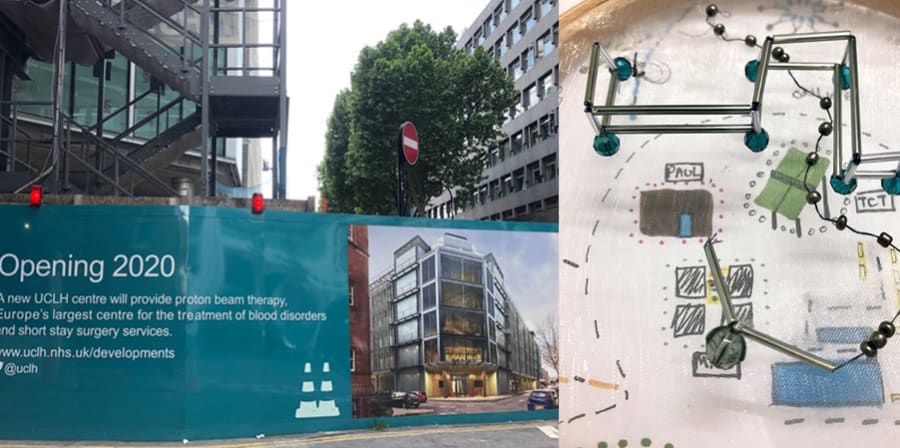 Image of the Proton Beam Therapy Centre construction site for UCLH alongside Kieu's work inspired by the site