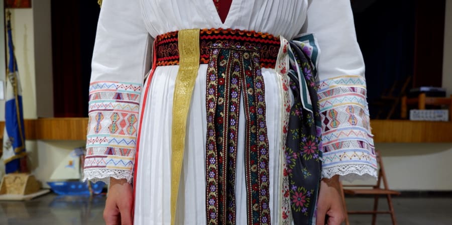 Traditional Greek wedding dress - white with colorful belts