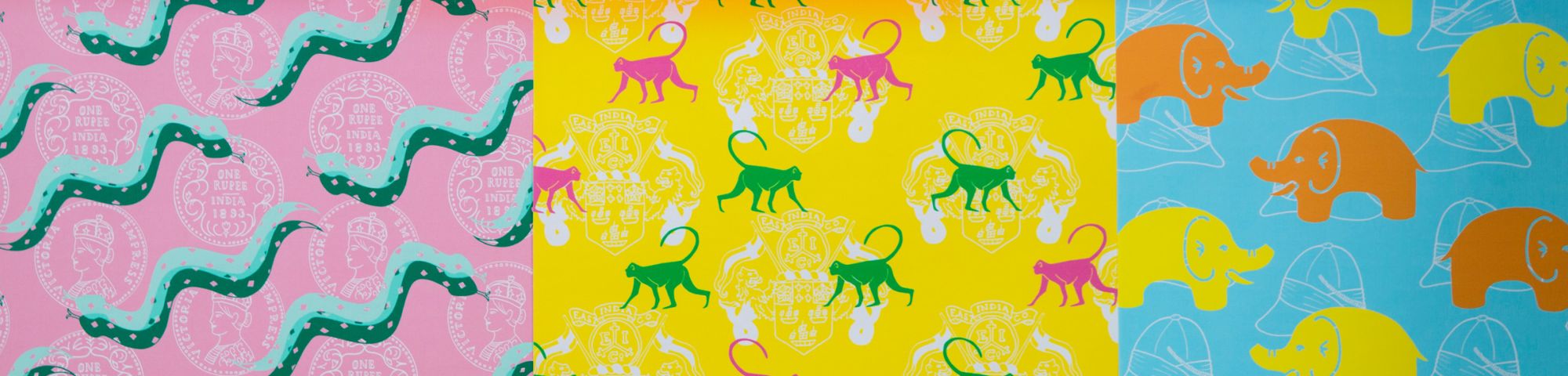 Colourful graphic print of snakes, monkeys and  elephants