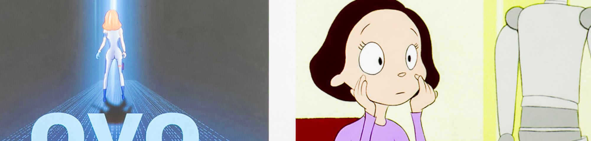 A cartoon woman sits at a kitchen table  with a robot next to her