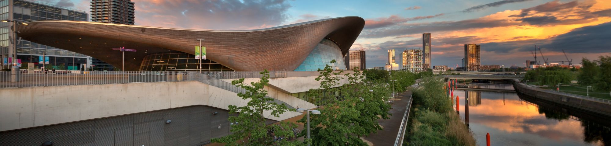 sunset and panoramic view of London Aquatics Center