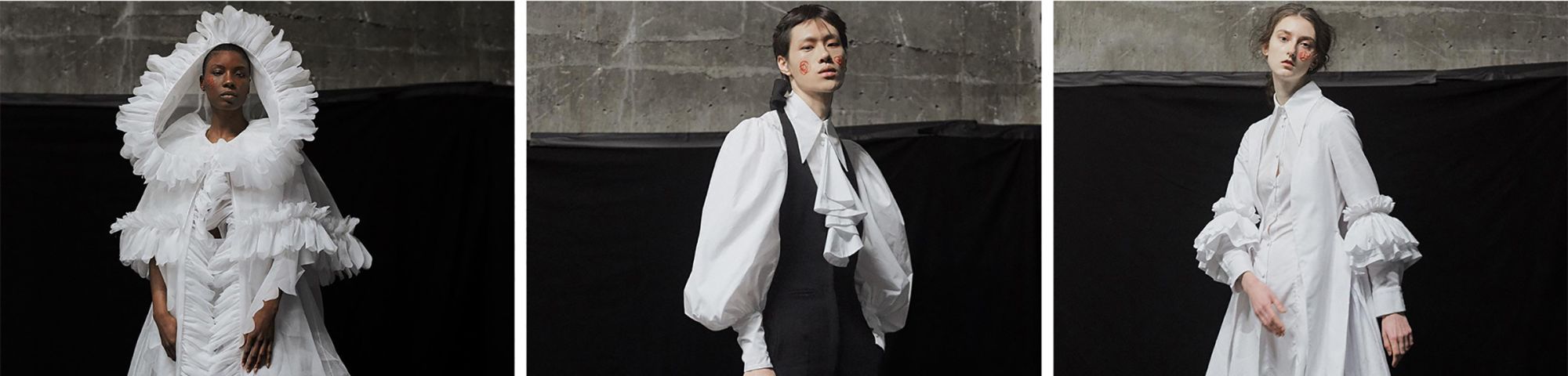 Models wearing white pleated shirting
