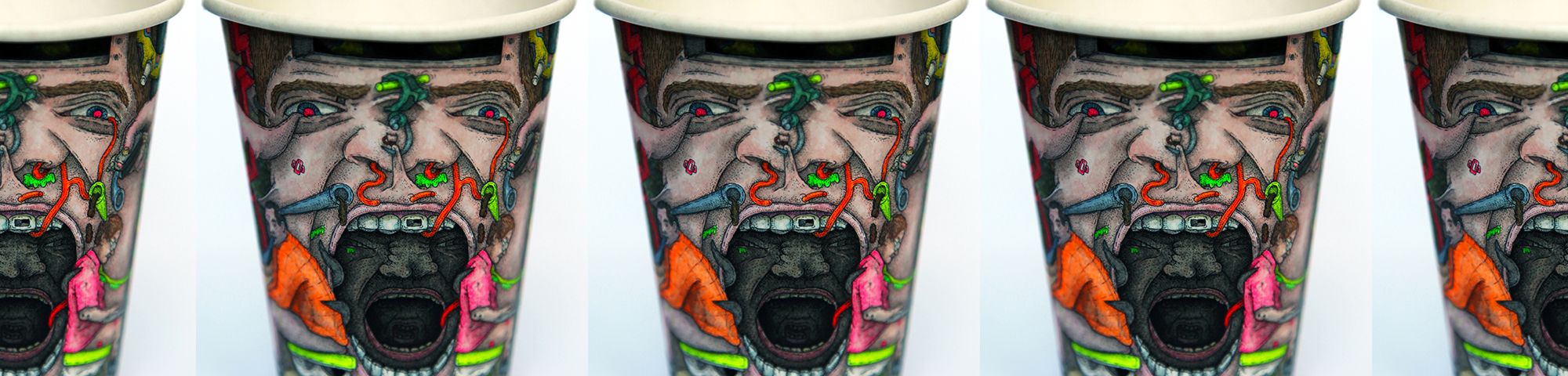 Drawing on paper cups by Paul Westcombe.