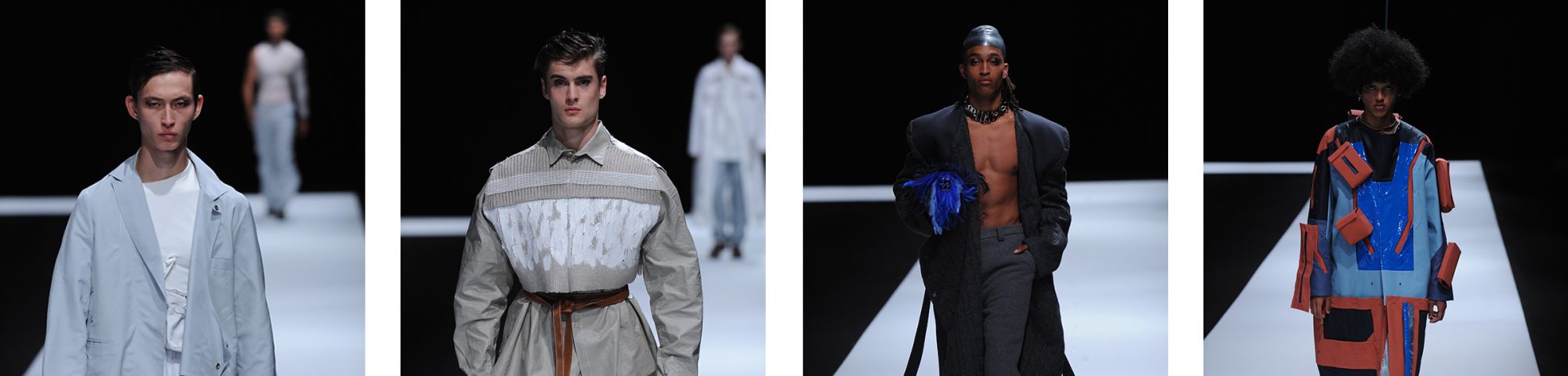 Four images of male models in menswear clothing