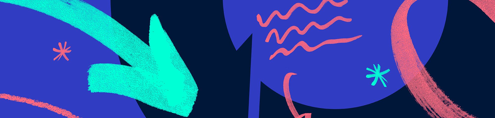 A series of pastel and neon shapes, arrows and squiggles on a purple background