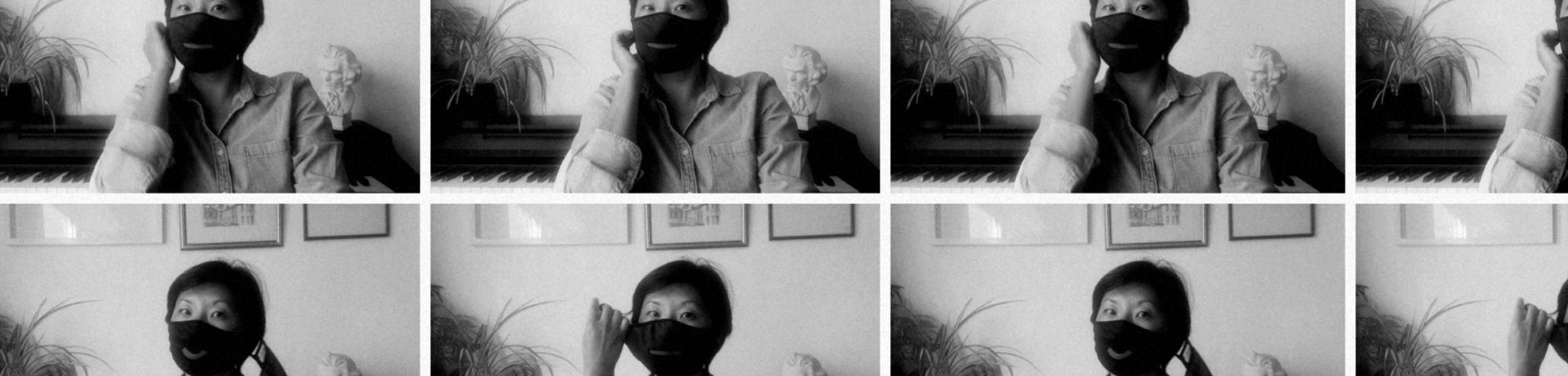 6 photos of Beatrix Ong MBE wearing a face mask