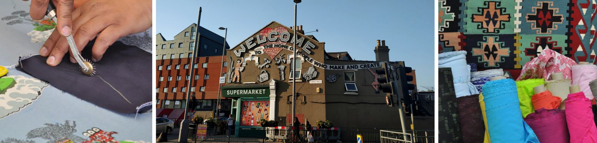 Market facade with blue skies