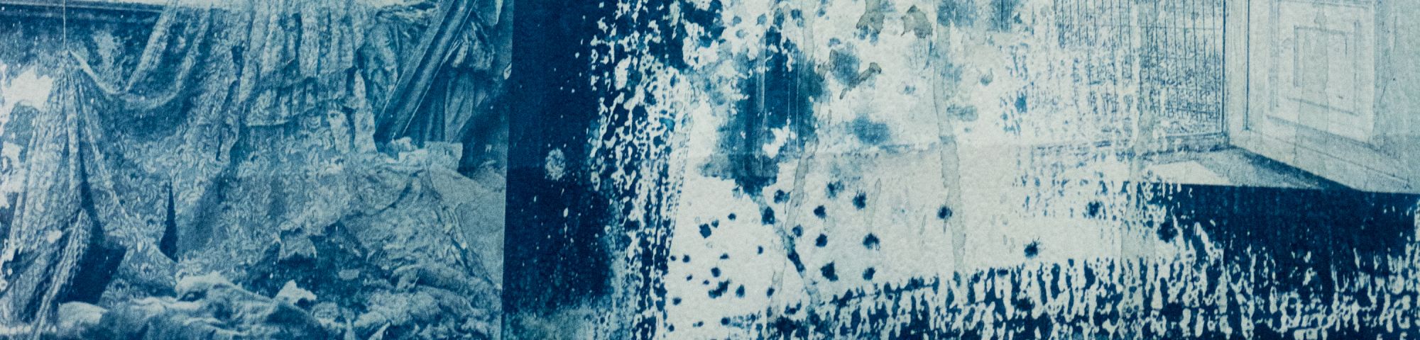 Blue and white ink and print on paper